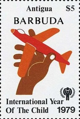 Stamp, Toy Plane, Barbuda,  , Aircraft, Aviation, Hands, International Years, Toys