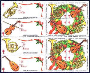 Se-tenant, American Lung Association Wreath and Musical Instruments, Cinderellas,  , Charity, Christmas, Greetings, Musical Instruments, Tuberculosis / TBC, Wreaths