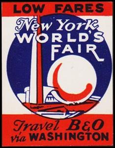 Stamp, New york worlds fair low fares travel B and O via, Cinderellas,  , Exhibition Buildings, Tourism, World Exhibitions