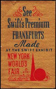 Stamp, New york worlds fair. see swift's premium frankfurts, Cinderellas,  , Exhibition Buildings, Expositions, Food, World Exhibitions