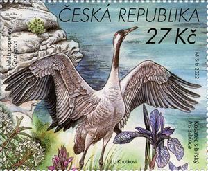 Stamp, Common Crane (Grus grus) & Siberian Iris (Iris sibirica), Czech Republic,  , Animals (Fauna), Birds, Plants (Flora)
