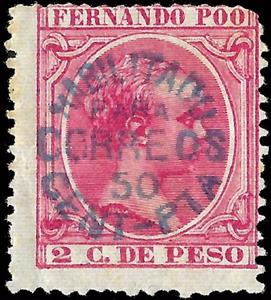Stamp, Alfonso XIII overprinted by BLUE 50C, Fernando Poo,  , Famous People, Heads of State, Kings, Men, Royalty