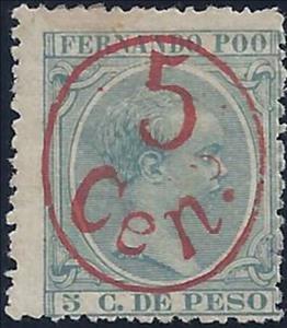 Stamp, Alfonso XIII overprinted by RED 5Cent, Fernando Poo,  , Famous People, Heads of State, Kings, Men, Royalty