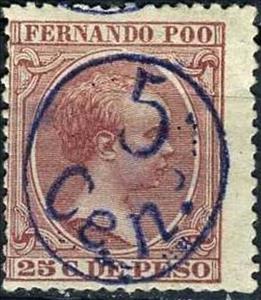 Stamp, Alfonso XIII, overprinted in blue, Fernando Poo,  , Famous People, Heads of State, Kings, Men, Royalty