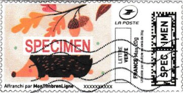 Stamp, Autumn. Hedgehog and Acorns. Specimen, France,  , Autumn, Hedgehogs, Leaves