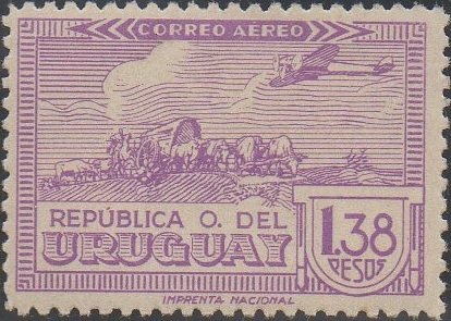 Stamp, Plane over sculptured oxcart, Uruguay,  