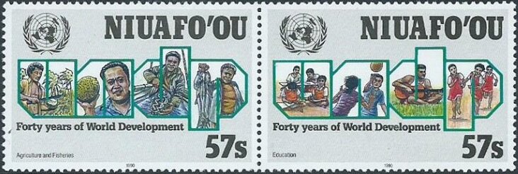 Se-tenant, 40th Anniversary of United Nations Development Program, Niuafo'ou,  , Agriculture, Development Aid, Economy, Education, Fishery, U.N.O.