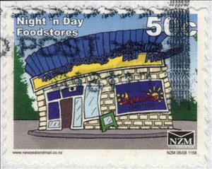 Stamp, Night 'n Day Foodstores, Daytime, Personalized and Private Mail Stamps,  , Buildings, Shops
