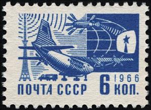 Stamp, Soviet airplane Antonov An-10A and satellite, Soviet Union, USSR,  , Aircraft, Airlines, Radio, Satellites