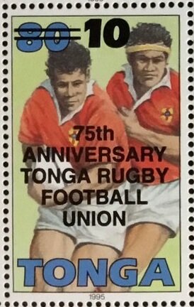 Stamp, Two players (English overprint), Tonga,  , Anniversaries and Jubilees, Rugby, Sports