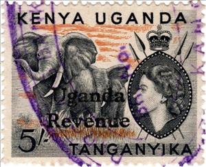 Stamp, African Elephant (Loxodonta africana), Uganda,  , Animals (Fauna), Elephants, Famous People, Heads of State, Mammals, Queens, Royalty, Women
