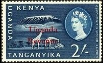Stamp, Mt. Kilimanjaro and Giraffe (Giraffa camelopardalis), Uganda,  , Animals (Fauna), Giraffes, Heads of State, Landscapes, Mountains, Queens, Royalty, Volcanos