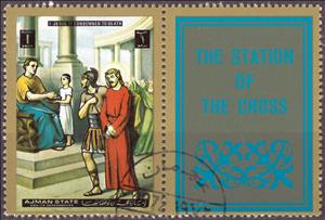 Stamp with Attached Label, Jesus opposite to Pilate, Ajman,  , Religion