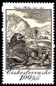 Stamp, The Lion and the Mouse, by Vaclav Hollar (1665), Czechoslovakia,  , Paintings, Hunting