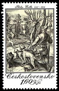 Stamp, Deer Hunt, by Philip Galle (1578), Czechoslovakia,  , Paintings, Dogs, Hunting