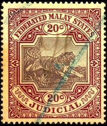 Stamp, Tiger (Panthera tigris), Malaya, Federated Malay St.,  , Animals (Fauna), Mammals, Tigers, Wild Cats