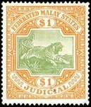Stamp, Tiger (Panthera tigris), Malaya, Federated Malay St.,  , Animals (Fauna), Mammals, Tigers, Wild Cats