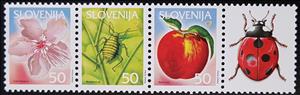Se-tenant, Peach Blossom, Green Peach Aphid, Redhaven Peach, Slovenia,  , Animals (Fauna), Flowers, Fruits, Insects, Plants (Flora)