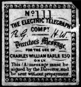 Stamp, Director's Message for the use of Charles William Earle Esq., United Kingdom of Great Britain & Northern Ireland,  , Telegraphy