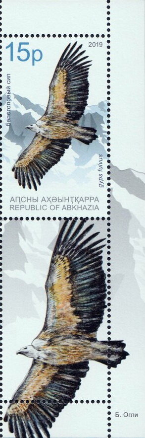 Stamp with Attached Label, Eurasian Griffon (Gyps fulvus), Abkhazia,  , Birds, Eagles