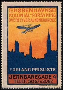 Stamp, Koebenhavns kolonial forsyning overflyver al Konkurrence, Cinderellas,  , Aircraft, Townscapes / City Views