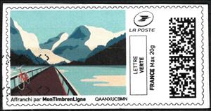 Stamp, Bicycle on a bridge in the mountains, France,  , Bicycles, Bridges, Cycling, Lakes, Mountains