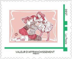 Stamp, Cartoon of Four children in pink by Manboou, France,  , Art, Cartoons, Children