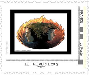 Stamp, Cartoon of Man and boy Littgover by Fabio Bono, France,  , Art, Cartoons, Faces, Fire and Flames, People