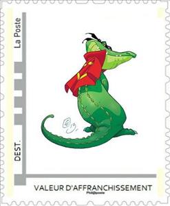 Stamp, Cartoon of Ribambulle mascot (crocodile) by Didier Crisse, France,  , Art, Cartoons, Crocodiles, Mascots