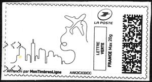 Stamp, Doodle. Skyscraper Skyline, Aeroplane. Redesign, France,  , Aircraft, Drawings, Townscapes / City Views