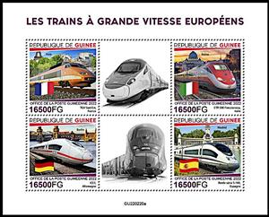 Mini Sheet, European High Speed Trains, Guinea,  , Flags, Public Transport, Railways