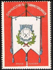 Stamp, Gymnastik And Svoemmeforeningen Hermes 1 Marts 1874 Byggefon, Cinderellas,  , Flags, Gymnastics, Sports, Sports Clubs, Swimming