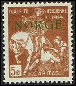 Stamp, Hjaelp Til Belgierne 1914 Caritas 5 Oere Overprinted, Cinderellas,  , Animals (Fauna), Charity, Equestrianism and horse riding, Horses