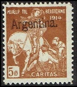Stamp, Hjaelp Til Belgierne 1914 Caritas 5 Oere Overprinted, Cinderellas,  , Animals (Fauna), Charity, Equestrianism and horse riding, Horses