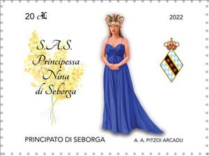 Stamp, Nina Menegatto (1978-), Princess of Seborga, Cinderellas,  , Coats of Arms, Crowns and Coronets, Flowers, Plants (Flora), Women