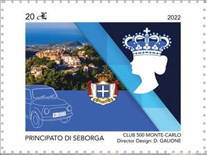 Stamp, View of Seborga, Fiat 500 and Princess Nina, Cinderellas,  , Cars, Coats of Arms, Crowns and Coronets, Townscapes / City Views, Women