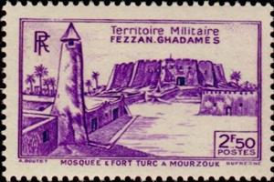 Stamp, Mosque and Turkish fort at Mourzouk, French Colonies,  