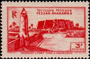 Stamp, Mosque and Turkish fort at Mourzouk, French Colonies,  