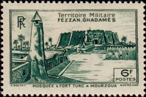 Stamp, Mosque and Turkish fort at Mourzouk, French Colonies,  