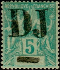 Stamp of 1892 Obock overloaded