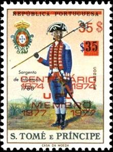 Stamp, Infantry Sergeant, 1788, Overprint Type b in red, São Tomé and Príncipe,  , Headgear, Military Forces, Seals (Emblems), U.P.U., Uniforms, Weapons