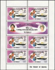 Mini Sheet, Surcharge and Overprint for Cyclone Relief Fund, Tuvalu,  , Famous People, Natural Disasters, Princes, Princesses, Royalty, Ships, Weddings