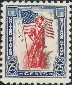 Stamp, Minuteman and 50-star flag, United States of America,  , Flags, Men, Military Forces, Weapons