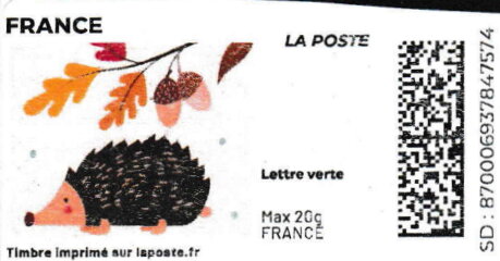 Stamp, Autumn. Hedgehog and Acorns. Redesign, France,  , Autumn, Hedgehogs, Leaves