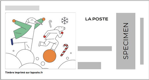 Stamp, Bird in a green coat polar bear balls, France,  , Christmas
