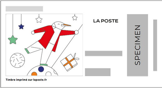 Stamp, Bird in a red coat stars, France,  , Christmas