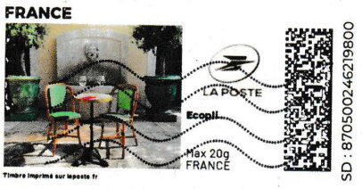 Stamp, Cafe Terrace. Intimate table for two with wine, France,  , Cafés, Furniture