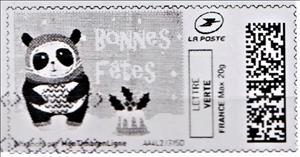 Stamp, Happy Christmas Panda Bonnes Fetes in black, France,  , Christmas, Pandas, Stylized Animals