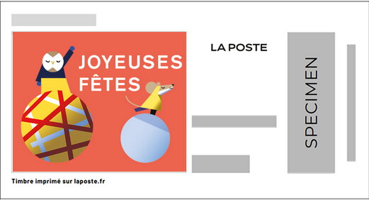 Stamp, Joyful Festival Joyeuses Fetes Owl mouse balls, France,  , Christmas