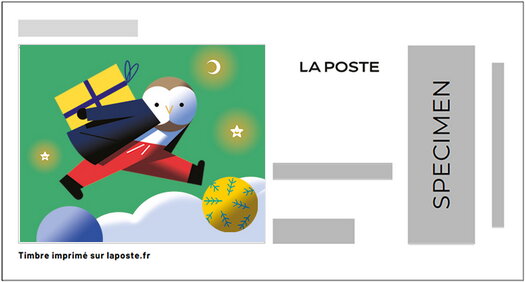 Stamp, Owl carrying gift, France,  , Christmas